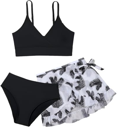 LYZOURBB Teen Girls 3PCs Swimsuit Costume Bathing Suits Bikini Set Adjustable Bikini Top with Floral Cover Up Skirt for 8-14Years Black