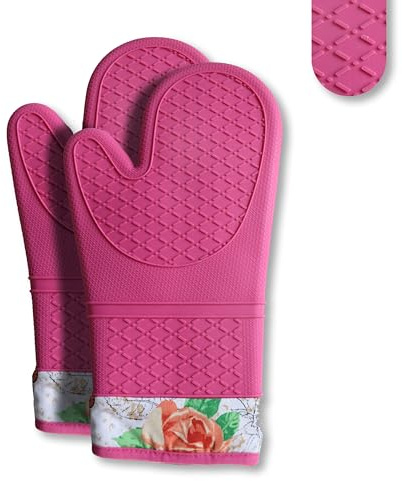 HOMETYGER Silicone Oven Mitts, Heat Resistant Kitchen Gloves,500°F,Pink