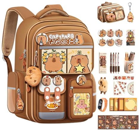 Kukecai Capybara Backpack Children, Capybara School Bag With Stationery Set, Large Capacity Cartoon Animal Backpack, With Pencil Holder Pouch, Stickers, Keychains, Stationery Supplies For Boys Girls