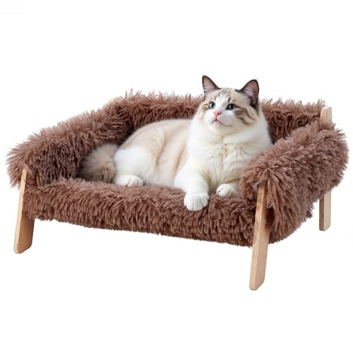 The Fellie Large Cat Sofa Bed, Sturdy Wooden Pet Sofa for Indoor Cats, Soft Cat Couch 56 x 45 x 27cm, Wooden Cats Hammock with Removable Washable Cover Suitable for Kitten, Puppy Up to 15 kg, Brown