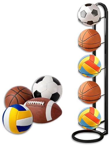 KBIBCK Ball Storage Rack, 5-Layer Football Stands for Balls, Ball Rack, Vertical Metal Removable Basketball Storage Rack for Storing Footballs, Soccer, Basketballs, Volleyballs, Black