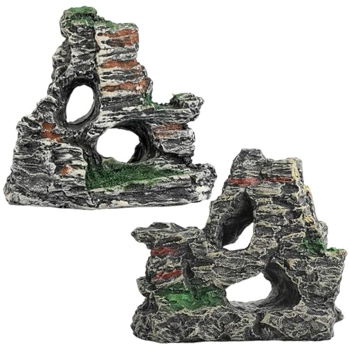 QyueQyat Fish Tank Ornaments, 2 Pcs Resin Aquarium Rocks for Fish Tank Decorations, Natural Hiding Cave Ornaments for Aquatic Pets, 10 * 5.5 * 10cm and 10 * 5 * 9.5cm