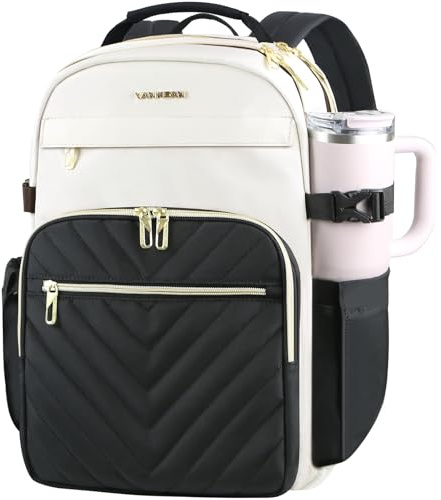 VANKEAN Sac à dos pour ordinateur portable de 17,3 pouces pour homme femme | sac à dos tendance, sac à dos imperméable, sac de voyage élégant, sac de voyage décontracté pour université,Beige-Noir