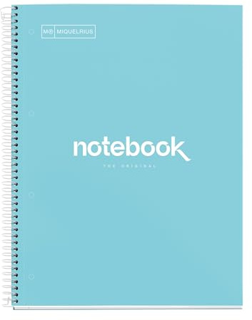 Miquelrius - Quaderno A4, Notebook Emotions, 80 Fogli da 90 g/m², Righe Orizzontali 7 mm, 1 Striscia di Colore, Spirale Microforata, Taccuino a Righe, Copertina Extra Rigida, 4 Fori, Azzurro Cielo