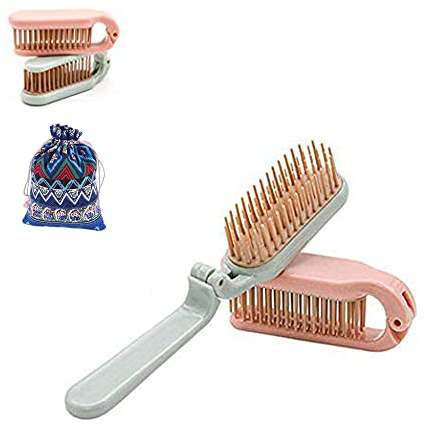 2 Pack Folding Hair Combs Hair Brush Compact Pocket Size Travel Purse Locker, Blue & Pink