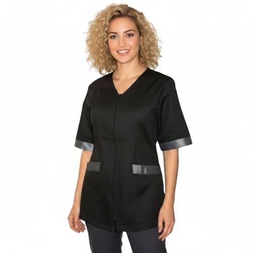 Camice da Lavoro Nero con Inserto,Casacca con Zip, Donna, Estetista,PARRUCCHIERA (L)