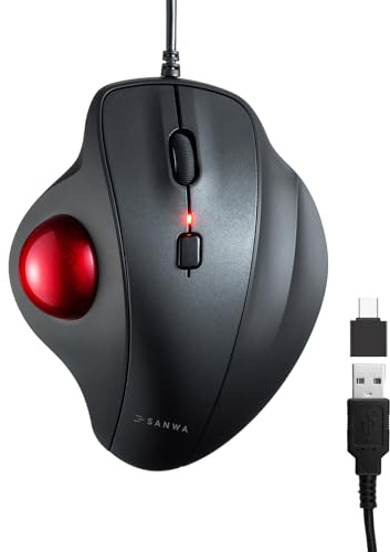 SANWA Trackball Maus mit Kabel, Leise Klik Mäuse, 600/800/1200/1600 DPI, USB-A & Type-C Anschluss, Vorbeugung Mausarm Tennisarm RSI, 34mm Ball Daumenkontrolle, Kompatibel mit Winows, Mac, PC, Schwarz