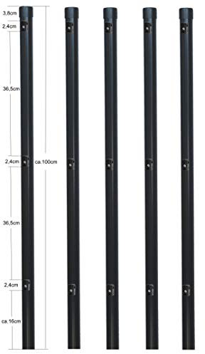 5 Stück Zaunpfosten Ø 34 mm für 80cm hohe Zaun. Incl. 3 montierter Spanndrahthalter und Pfostenkappe. Pfosten Länge 100cm für Montage in Einschlaghülse.