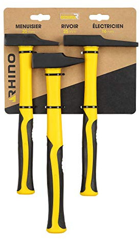Rhino 18922 - Juego de 3 martillos eléctricos, 16 mm, 25 mm, carpintero de 20 mm, mango ergonómico tridimensional irrompible