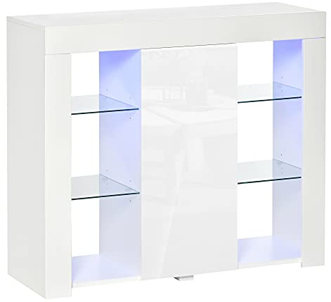 HOMCOM Aparador Moderno con Luces LED Mueble Buffet 97x35x83 cm Blanco | 1 Puerta de Alto Brillo, Cierre a Presión, Estantes Ajustables, Control Remoto