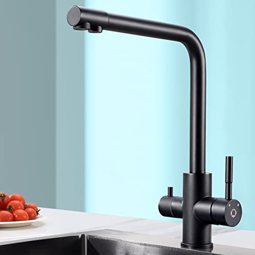 CECIPA 3 Wege Wasserhahn Küche, Küchenarmatur 360° Schwenkbar, Mischbatterie Küche für Osmoseanlage, 3-in-1 Hochdruckarmatur, Trinkwasserhahn mit 2 Hebel, Schwarz Matt (kein Wasserfilte)