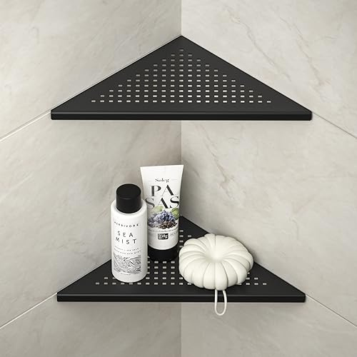 Bernkot Corner Shower Shelves, 10 Matte Black 304 Stainless Steel Recessed Shelf for Bathroom, Grout in Shelf for Tiled Wall 2 Pack