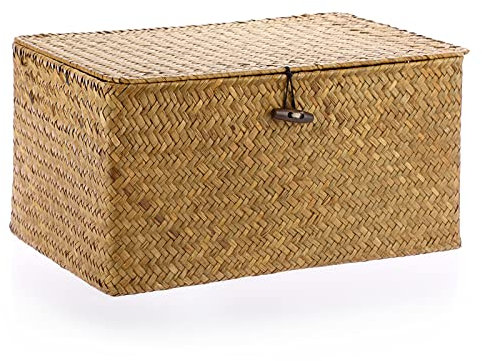 IGNPION Contenitori in vimini intrecciato con coperchio – Scatole per cestelli in legno naturale extra large (L, 36 x 24 x 18 cm)