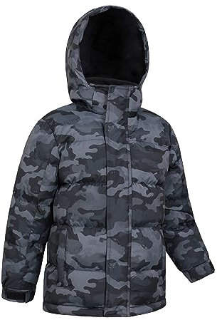 Mountain Warehouse Snow wasserabweisende Winterjacke für Kinder - gesteppte, wattierte, atmungsaktive Jacke mit Kapuze für Jungen und Mädchen, leichte Regenjacke Camouflage Kinder 152 DE (11-12 Jahre)