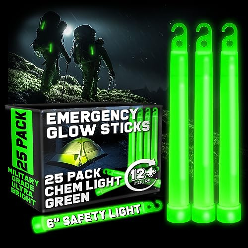 PartySticks Green Glow Sticks - Luces de emergencia (6 pulgadas, paquete de 25) de grado militar, 12 horas a granel, para equipo de supervivencia, camping, cortes de energía