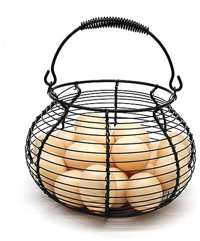 CVHOMEDECO. Antique Wire Egg Basket with Handle Primitives Vintage Gathering Basket. Black (7-3/4''Dia. X 5''H)