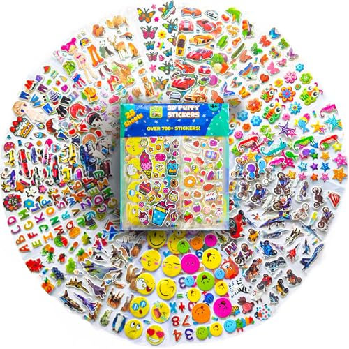 3D Stickers for Children - 25 Puffy Sheets with 700+ Kids Stickers - Perfect for Party Bag Fillers, Scrapbooking, Fun with Stickers of Cars, Letters, Numbers, Dinosaur, Stars, Alphabet & More