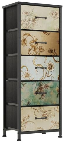 CAIYUN Hohe Kommode, Schubladenschrank, Aufbewahrungsschrank mit 5 Schubladen aus Stoff, Hoch und Schmale Holztop Komodenschrank Sideboard Möbel für Schlafzimmer/Wohnzimmer/Flur, Vintage Muster