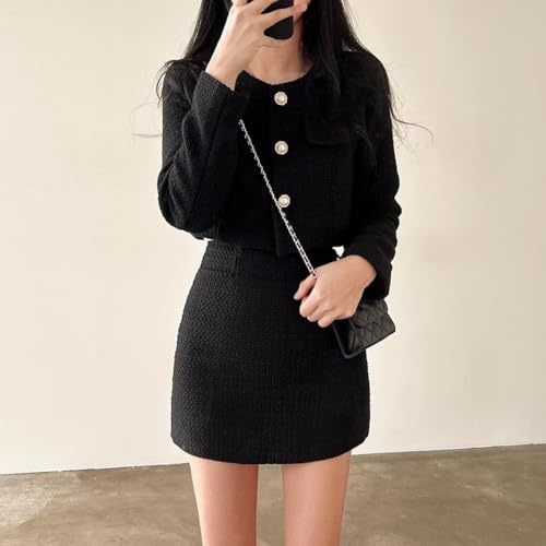 Costume deux pièces raffiné pour femme avec une veste courte en tweed perlé et une mini jupe (M Noir)