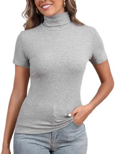 Damtröja med polokrage kortärmad bodysuit lätt stickad tröja modern passform t-shirt med ståkrage baströja ull topp topp vintage chic vinter höst vår bekväm klassisk, Färg: grå, S