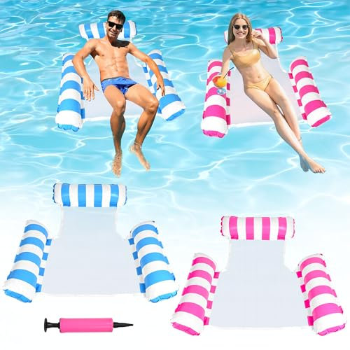 2 Pièces Bouee Piscine, 4 en 1 Hamac Gonflable avec Pompe à Air, Chaise Longue Flottante pour Adultes, Portable & Pliable Matelas Piscine, Accessoire Hamac de Piscine
