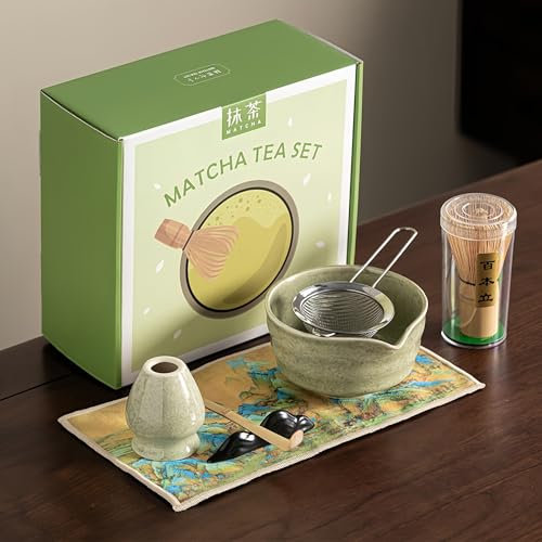 Matcha Set Whisk and Bowl Kit, 7PCS Ceramic Matcha Tea Whisk, Including Matcha Bowl, Matcha Whisk & Stand, Spoon & Spoon Holder, Sieve & Towel, Japanese & Song Dynasty Tea Ceremony (Mottled Green)