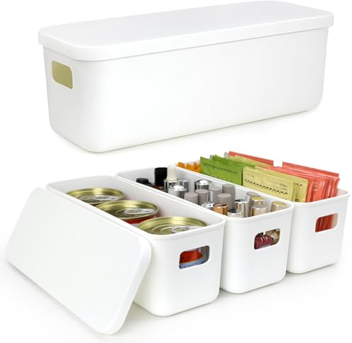 10cm Wide Narrow Plastic Small Storage Boxes with Lids 4 Pcs Long Slim 2.2L | Store Sort Small Items Organising Baskets Tubs Tidy Up Bins Containers 28×10×9.5cm Fit Kitchen Cupboards Bathroom Cabinet