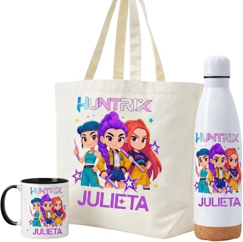 Gifters | Pack Bolsa Personalizada con Nombre + Botella Acero Inoxidable 750 ml + Taza Cerámica 325 ml | Diseño Personajes Estilo K-Pop | Regalo Original para Niña, Cumpleaños, Navidad y Comunión