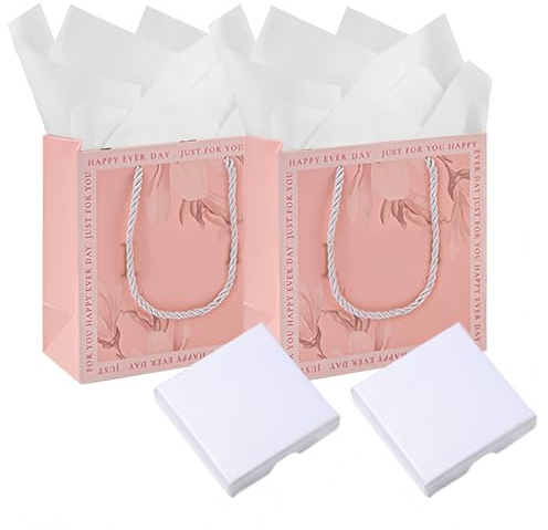 THXFUNAREA Set 2 Sacchetti Regalo Donna Borsa Regalo Rosa Piccola 14x7x15 cm + 2 Scatole Gioielli + Carta Velina Confezione Regalo Festa della Mamma Compleanno