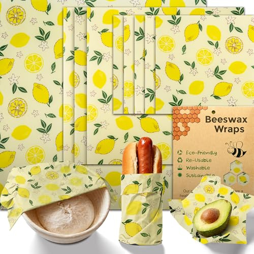 OHIYO Set di 9 panni in cera d'api per alimenti, riutilizzabili in cotone biologico naturale, 5 confezioni piccole, 3 medie, 1 grande, per pane, formaggio, snack e verdure