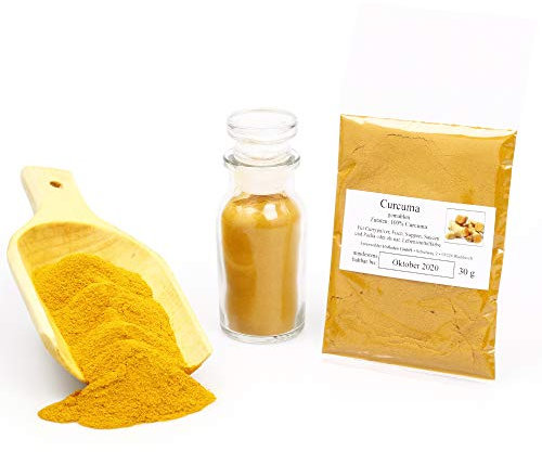 Curcuma gemahlen, Kurkuma, Kurkumawurzel Pulver, indisches Gewürz für Curry & Geflügel, Pulver mit Curcumin für goldene Milch und goldene Paste, Curcuma Latte, Gelbwurz, Haldi, Turmeric, 30g