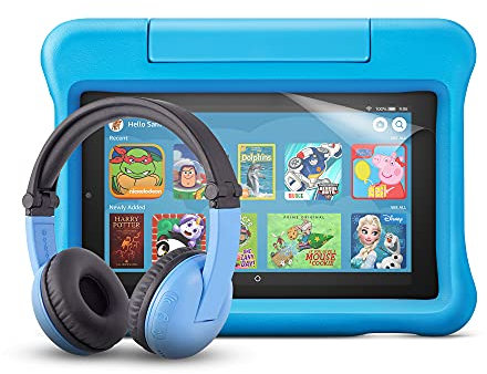 Fire 7 Kids tablet (Blue) + BuddyPhones Playtime Bluetooth Headset (Blue, Ages 3-7) + NuPro Screen Protector (2-Pack)