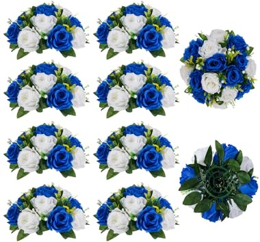 BLOSMON Flower Centerpieces for Tables Wedding 10 Pcs Royal Blue & White Fake Flowers with Base Rose Balls Arrangement Bouquet Floral Centerpiece Artificial Wedding Center Pieces of Home Party Decor