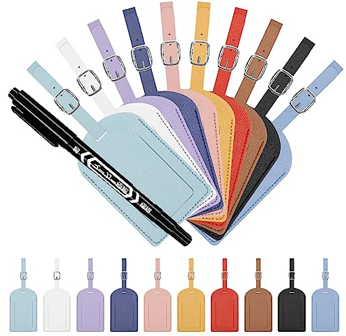 Swpeet 11Pcs 10 couleurs en cuir étiquette de bagages, étiquette de bagages faux cuir pour valise avec un stylo marqueur, PU en nom étiquettes d'identification de la vie privée