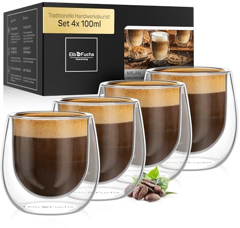 ElbFuchs® Doppelwandige Espresso Gläser [4x 100ml in GASTRO-QUALITÄT] Espressotassen Set | Thermogläser doppelwandig | Ausgefallene Espressotassen Glas ohne Henkel für alle Espressomaschinen