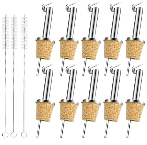 10 PCS Beccucci di Sughero per Bottiglia, Beccuccio per Bottiglie di Liquori e Oli, con 3 Spazzola per Pulizia, Versatore Bottiglia per Vino con Patta, Versatori di Tappi in Sughero Naturale