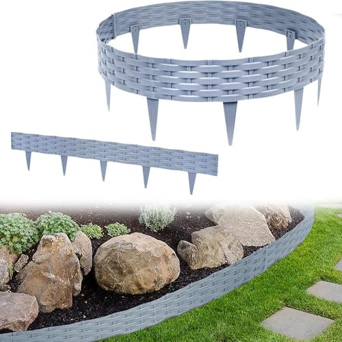 YRHome 5m Rasenkante Beeteinfassung Beetumrandung Gartenpalisade mit 5 Elemente á 100 cm Kunststoff Rattan Design Beetzaun Weidezaun Palisaden Biegbarer UV-beständig Wetterfest Erdspieß Grau