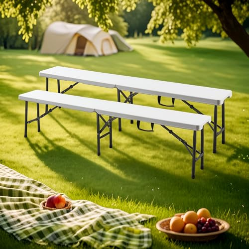 [en.casa] Set di 2 Panche Pieghevoli per Giardino Picnic Campeggio Panche da Birra Portatili per Eventi all'Aperto 180 x 25 x 43 cm Bianco