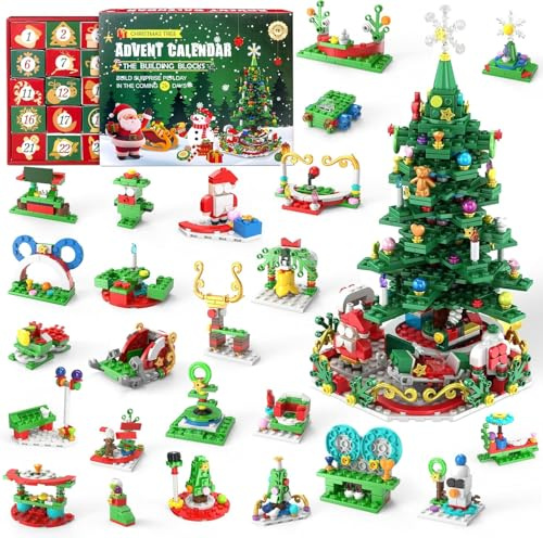 LATERN 2025 Christmas Advent Calendar, 24 Days Christmas Countdown Calendar with 701Pcs 24 In 1 Large Christma Tree Building Blocks Toys for Kids Christmas Gifts Holiday Decoration Party Favors