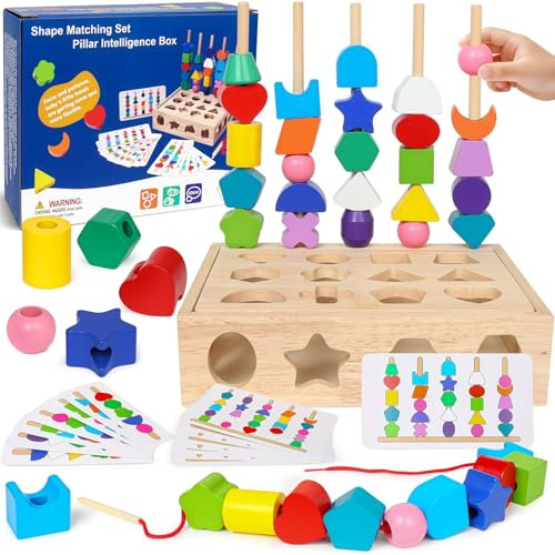 ROOCHKD Wooden Sorting Toy Montessori Color & Shape Sorter Lacing Beads Sequencing Toy Class Activity Toddlers Fine Motor Game for Colors and Shapes Learning, Birthday Gifts for Boys and Girls