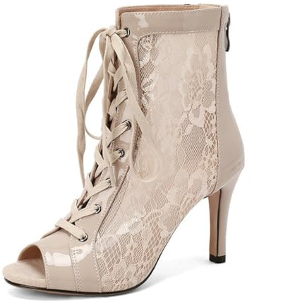 Qynthra Women's Elegant Peep Toe Ankle Boots Patent Leather High Heels Lace Victorian Style Booties Lace Up Front Fashion Party Evening Shoes,Apricot,11 UK