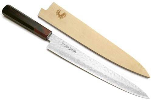 Yoshihiro martillado Damasco nueva Gales del Sur 46 capas Sujihiki (cortador de) japonés Sushi Sashimi cuchillo de chef de 9,5 cm (240 mm) Shitan mango