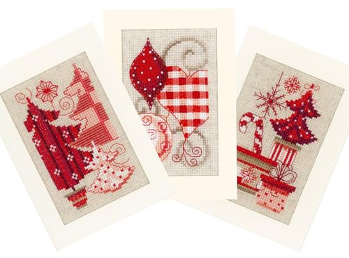 VERVACO Gezählter Kreuzstich Stickpackungen Grußkarten zum Selbstgestalten Weihnachtlich Rot 3er DIY Postkarten Erwachsene Sticken Bastel ca. 10,5 x 15 cm Stickset für Anfänger Kreatives Geschenk
