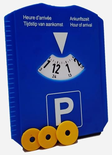 M&H-24 Parkscheibe Parkuhr Auto mit Eiskratzer und 3 Einkaufswagenchip - Parking Disc Parkscheiben Auto Motorrad Blau mit Europa Zulassung