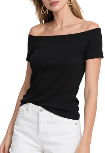 Fuinloth Women's Off Shoulder Tops, One Shoulder Shirts, Short Sleeves Sexy Slim Fit Tees Black Large