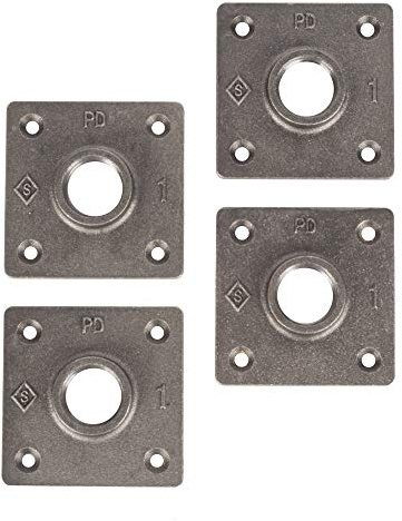 PIPE DECOR 1 Square Floor Flange Fitting, 4-Pack, Malleable Iron, Fits One Inch Diameter Black Steel Plumbing Pipes and Nipples, Build Vintage DIY Pipe Industrial Furniture and Shelving