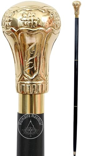 Humaira Nautical Handmade Brass Knob Walking Stick, Wooden Cane with Black Finish Gold Handle 37 Inch Cane for Men and Women