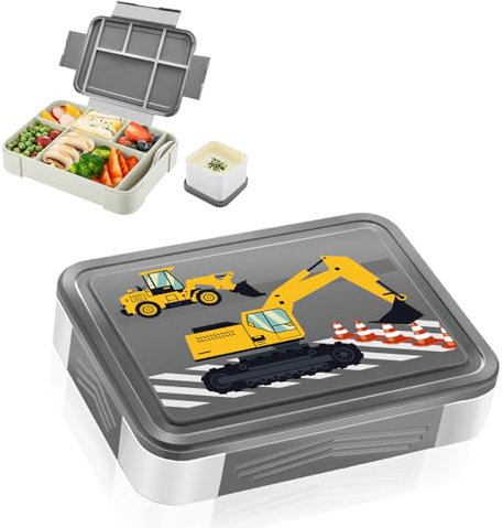 Yskmefun Brotdose mit Fächern, mit Bagger Muster Lunchbox Kinder, Vesperbox Kinder, BPA Frei, Kindergarten Brotdose, Kinder Brotdose, Brotbox Mädchen & Jungen