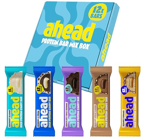 ahead Protein Riegel | Mix Box | 12 x 45g Extra softer Protein Riegel mit cremigem Kern | Low Carb Eiweißriegel ohne Zuckerzusatz & ohne Palmöl