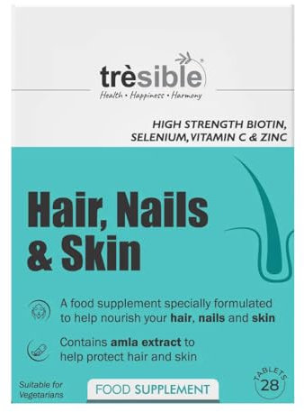 Suplemento de biotina de alta resistencia Trèsible | Cabello, uñas y piel, 28 tabletas | Extracto de Amla, ácido hialurónico, vitamina E y C | Vegetariano, sin gluten, halal | Sin aglutinantes